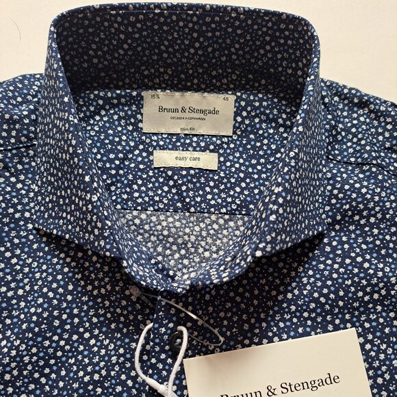 New Bruun & Stengade Men's Slim Fit Floral Button Down Blue Shirt Size 40 - Picture 12 of 16